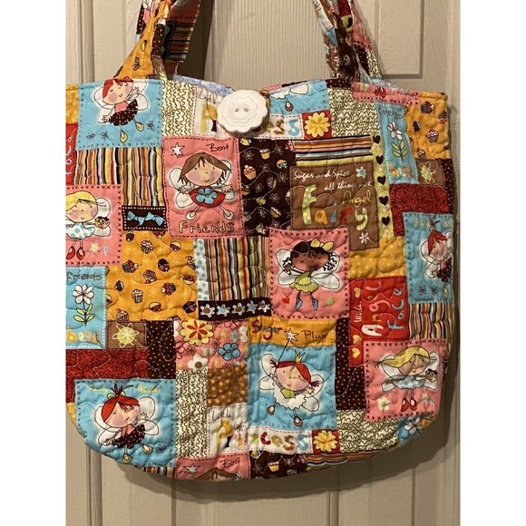 Patchwork Style & Look Fabric Tote Bag 13” X 17” Button Closure Colorful Bright - Picture 3 of 8
